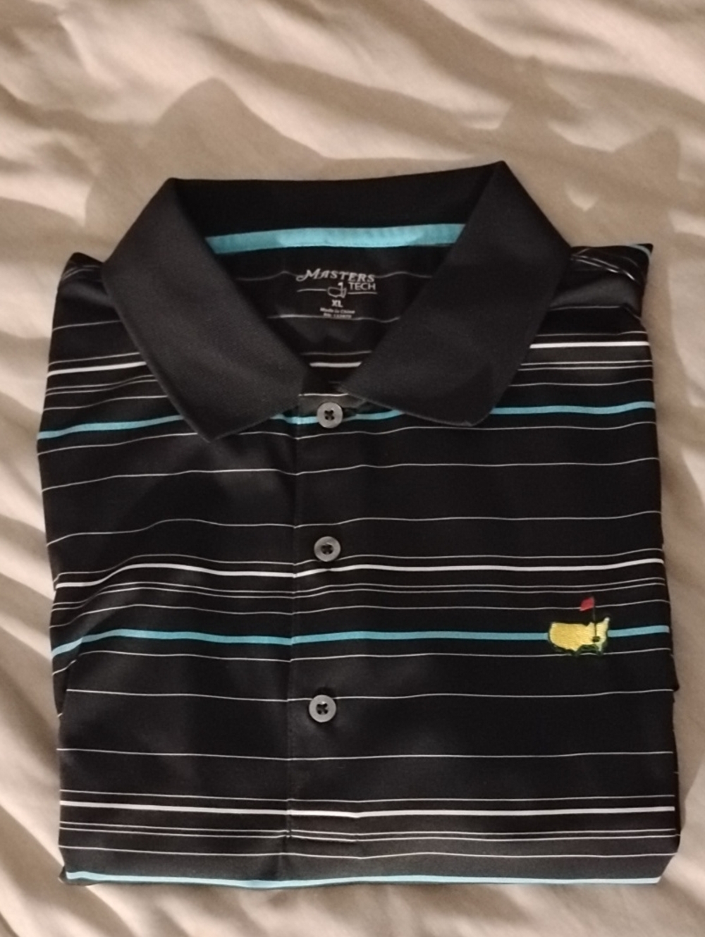 Masters Tech Golf Black Polo with Light Blue and Gray Stripes
